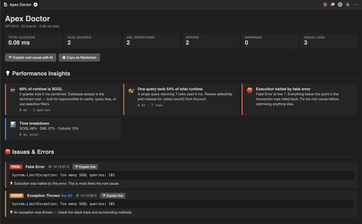 Apex Doctor showing Performance Insights and Issues & Errors for an Apex debug log